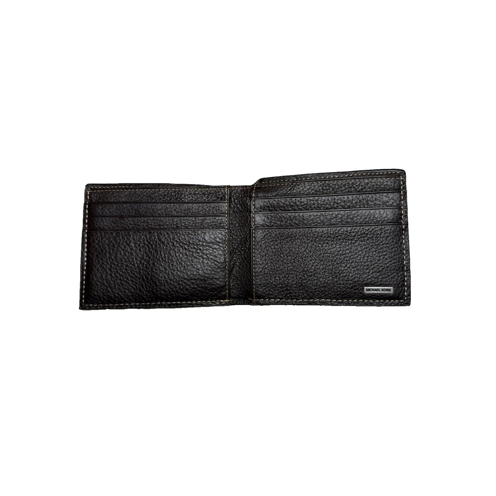 MK Michael Kors Men's Brown Pebbled Leather Slim Bifold Wallet - Dark Brown - Picture 3 of 8